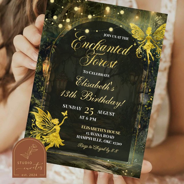 Convite Fada do Bosque Encantado de Ouro Aniversariante (Criador carregado)