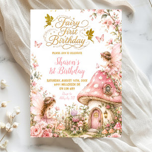 Convite Fada do Bosque Encantado Rosa Primeiro Aniversário