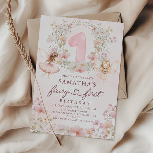 Convite Fada do Jardim Floral Rosa Primeiro Aniversário