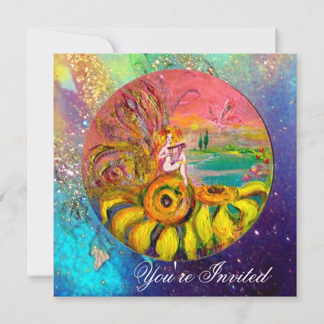 Convite FADA DOS GIRASSÓIS amarelo azul rosa brilho (Frente)