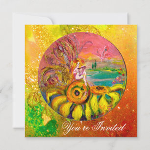 Convite FADA DOS GIRASSÓIS amarelo laranja rosa brilho