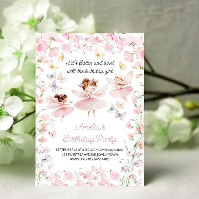 Convite Fada e Flores Aniversário de Meninas de Qualquer I (Flutter & Twirl with the Birthday Girl. Editable party invitation for any age.)