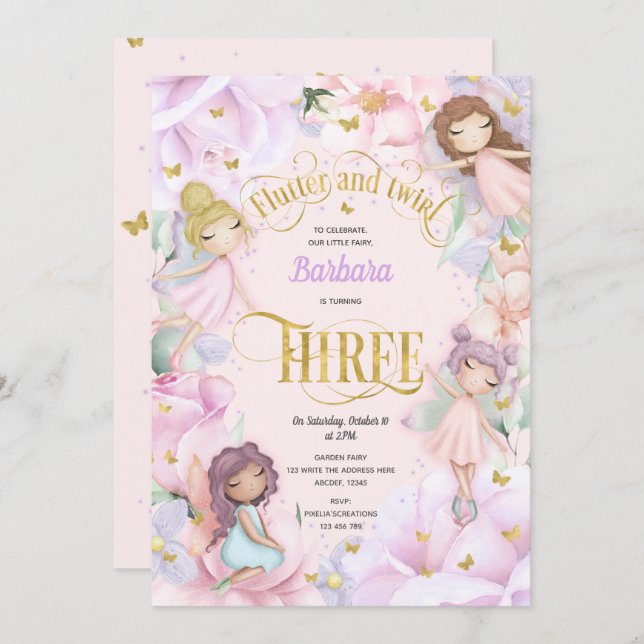Convite Fada encantada de jardim roxo rosa, aniversário de (Frente/Verso)