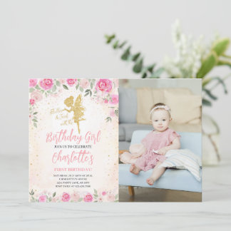 Convite Fada Floral Foto Glitter Dourada de Aniversário