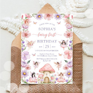 Convite Fada Floral Rosa Aniversário de 1 Ano