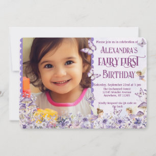 Convite Fada Floral Roxa Primeiro Código QR Foto Aniversár