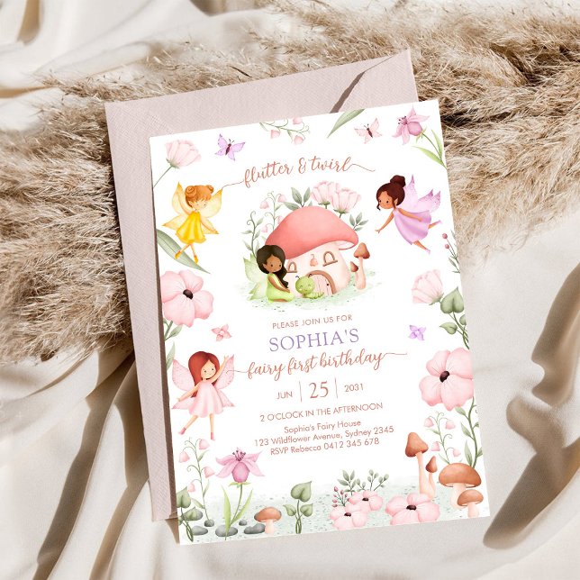 Convite Fada Flutter e Twirl Primeiro Aniversário de 1 Ano (Criador carregado)