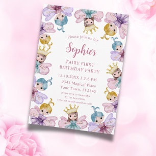 Convite Fada Fofo Primeiro Aniversário Rosa Aquarela