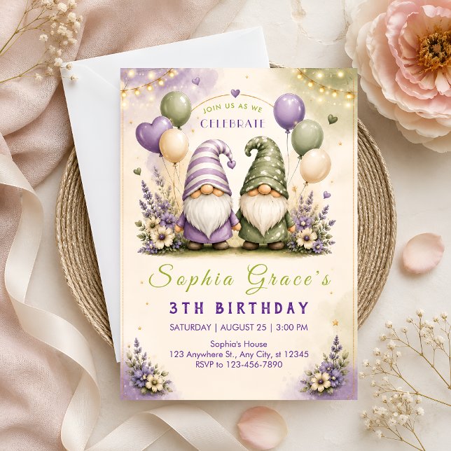 Convite Fada Jardim Gnome Aniversário de 3 anos (Criador carregado)