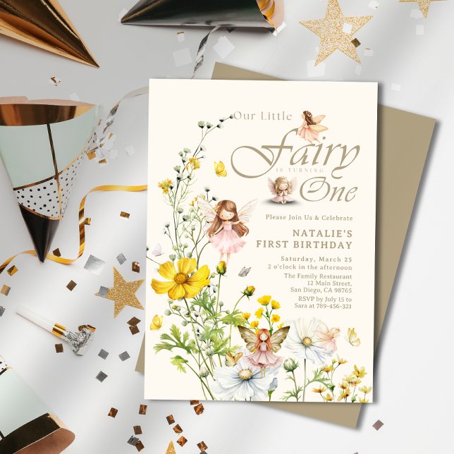 Convite Fada Mágica de Flor Selvagem Whimsical Primeiro An (Whimsical Wildflower Magical Fairy First Birthday Invitation)