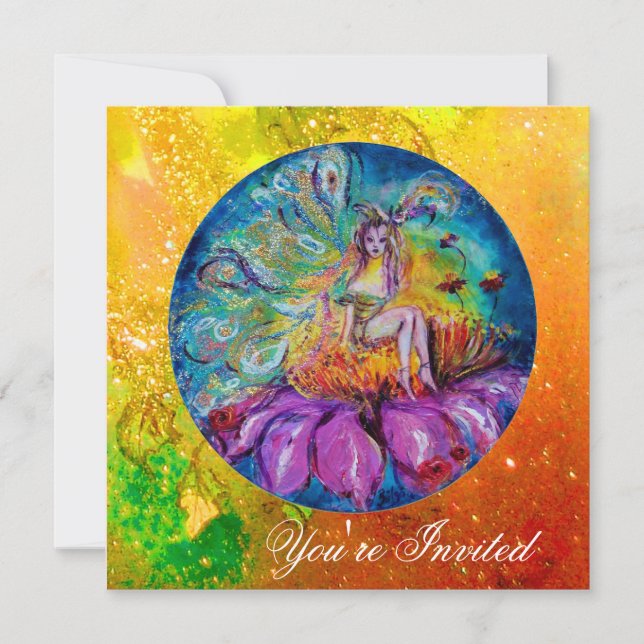 Convite FADA NA NOITE rosa verde azul amarelo faíscas (Frente)