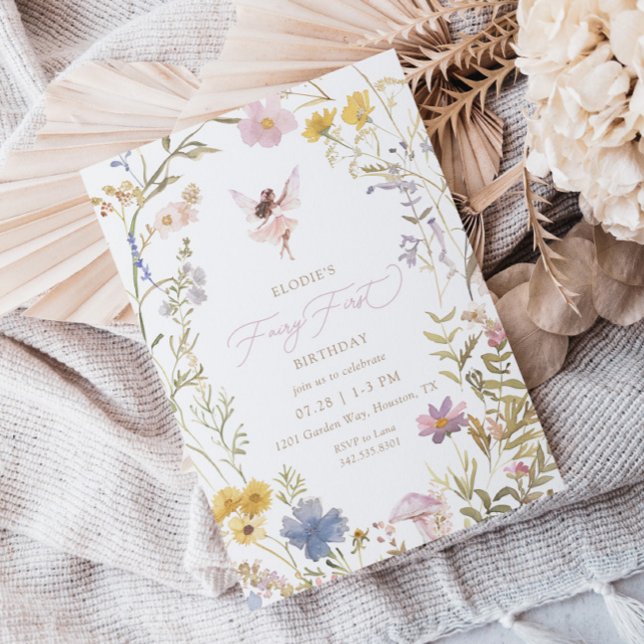 Convite Fada Primeira Aquarela primeiro aniversario Floral (Criador carregado)