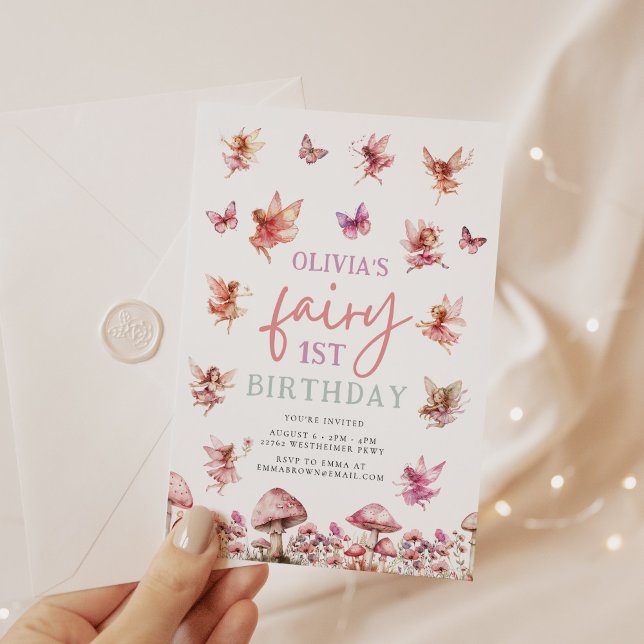 Convite Fada Primeiro Aniversário Aquarela Cogumelo 1rua (Criador carregado)