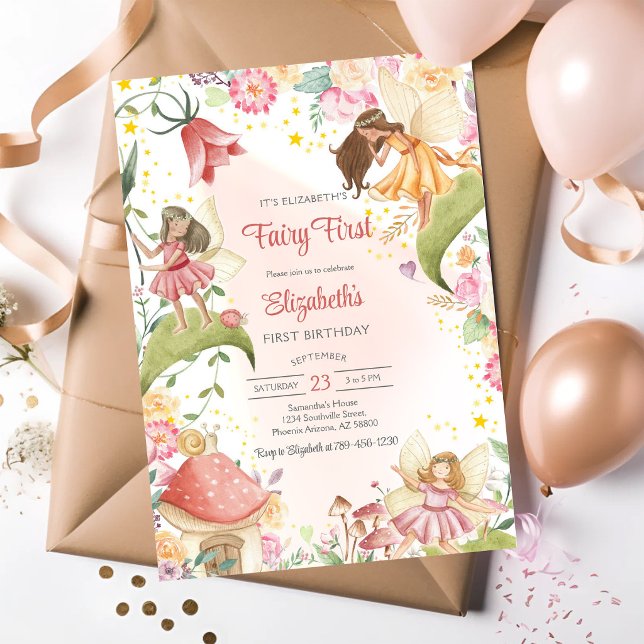 Convite Fada Primeiro Aniversário Caprichoso Floral (Criador carregado)