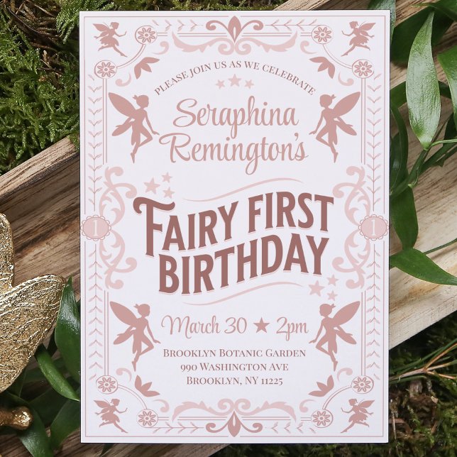 Convite Fada Primeiro Aniversário Festa de Boas Meninas Ro (fairy first birthday party invitation girls 1st bday invite magical whimsical princess pixie pink)