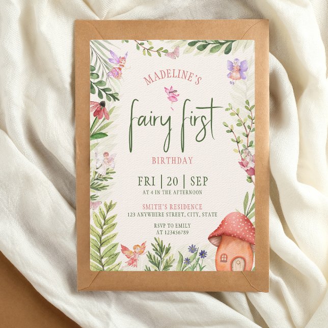 Convite Fada Primeiro Aniversário Floresta Cogumelo Aquoso (fairy first 1st birthday invitation)