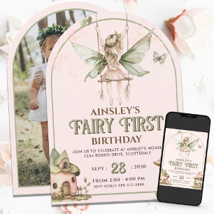 Convite Fada Primeiro Aniversário Personalizado Foto Rosa 