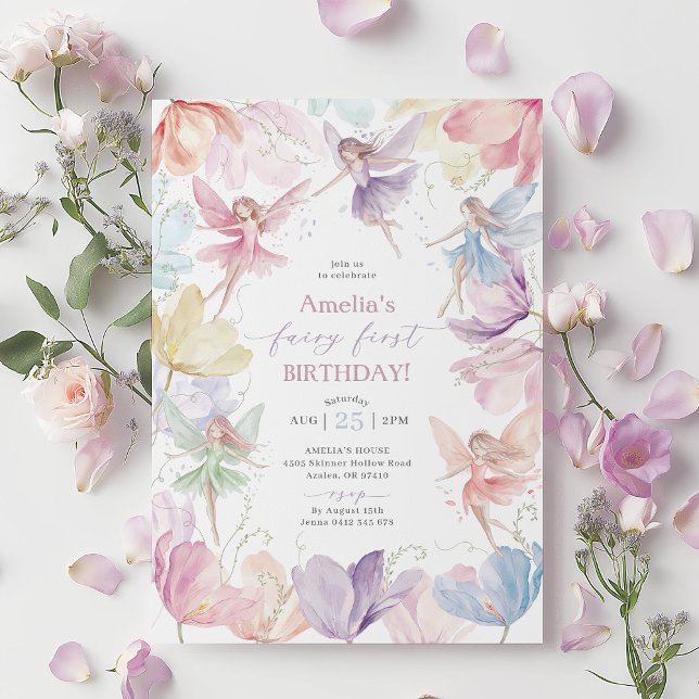 Convite Fada primeiro aniversario Rainbow Fairy Girls (Rainbow Fairy First Birthday Invitation | Girl's 1st birthday fairy invitation | Rainbow flowers)