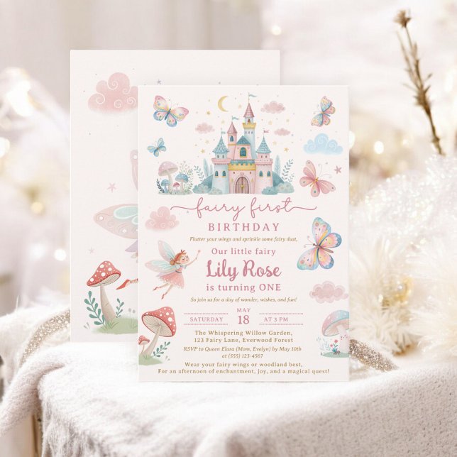Convite Fada Primeiro Aniversário, Rosa, Castelos De Quare (Fairy First Birthday Pink Whimsical Castle Kids Invitation)