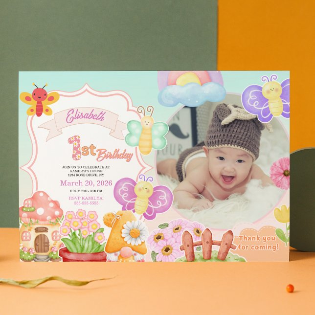 Convite Fada Primeiro Aniversário Rosa Foto Borboleta  (Fairy First Pink Photo Butterfly 1st Birthday Invitation)
