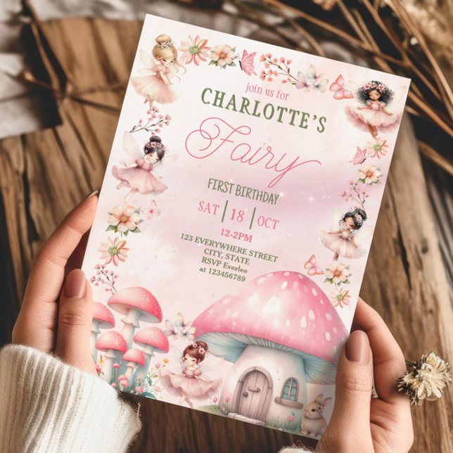 Convite Fada Primeiro Cogumelo Casa Rosa Aniversário (Criador carregado)
