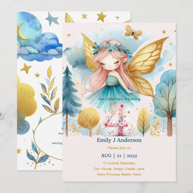 Convite Fada Princesa 4º Aniversário Quatro Faircore Rosa (Frente/Verso)