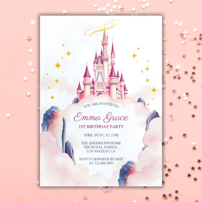 Convite Fada - Princesa Castelo Rosa Garota Rosa Aniversár (Fairytale Princess Castle Pink Girl Birthday Invitation)