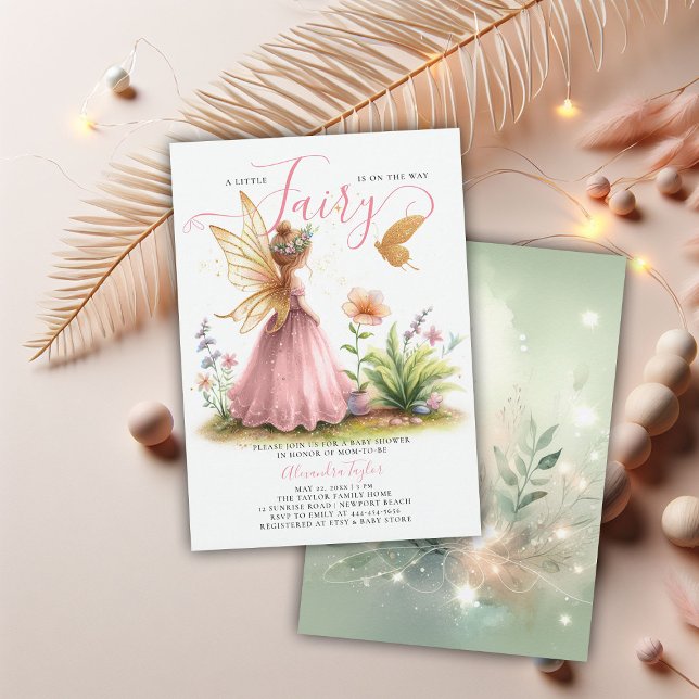 Convite Fada Princesa Encantada, Chá De Bebê Rosa (fairy princess baby girl shower invitation pink elegant cute watercolor enchanted garden forest)
