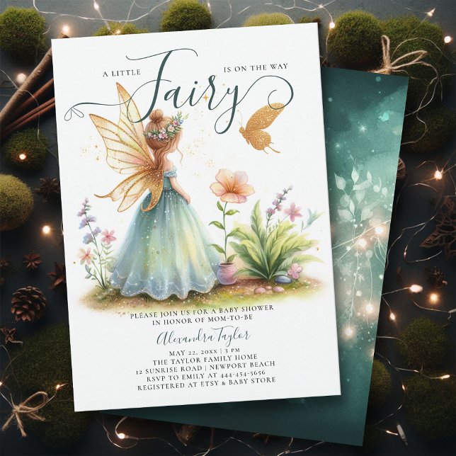 Convite Fada Princesa Encantada Chá de Emerald Baby Girl (a little fairy girl baby shower invitation enchanted forest garden butterfly princess emerald gold)