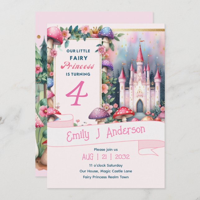 Convite Fada Princesa Festa de aniversário Rosa Fairycore (Frente/Verso)