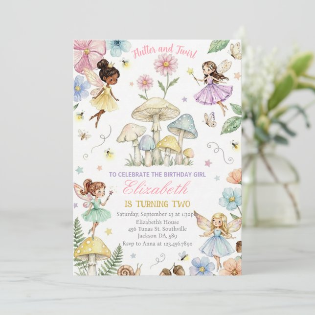 Convite Fada Princesa Jardim de Flores Meninas Aniversário (Em pé/Frente)