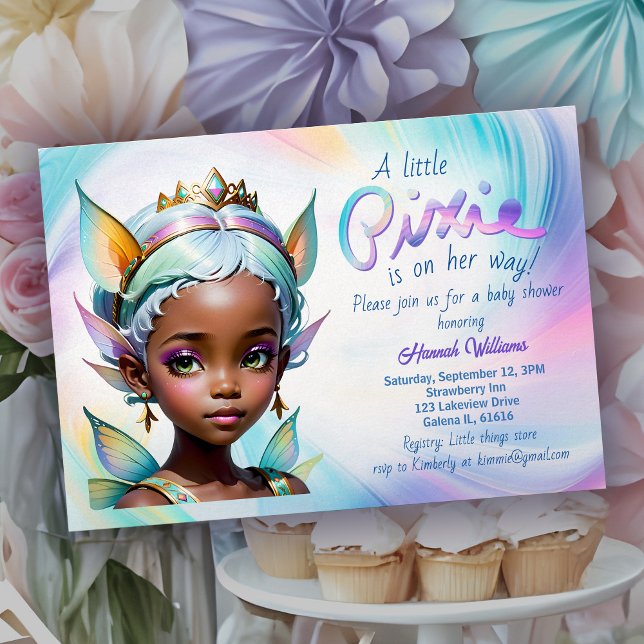 Convite Fada Princesa Magia Pixie Chá de fraldas Africano (African American baby shower invitation with fairy princess and sweet rainbow pastel candy colors)