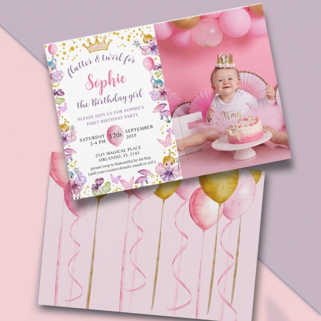 Convite Fada Princesa Rosa & Ouro 1º Aniversário (Criador carregado)