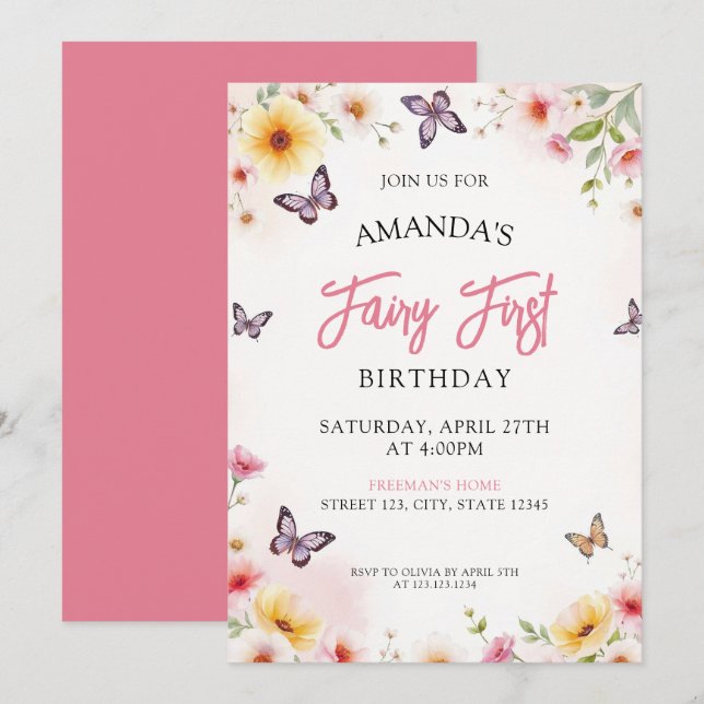 Convite Fada rosa e primeiro aniversario de borboleta flor (Frente/Verso)