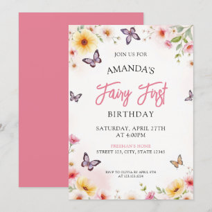 Convite Fada rosa e primeiro aniversario de borboleta flor