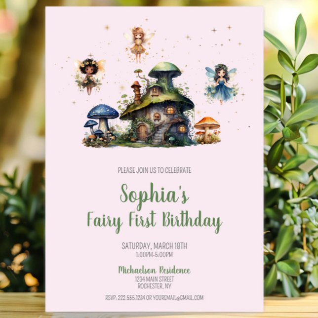 Convite Fada Rosa Encantada Primeiro Cogão de Aniversário (Enchanted Fairy First Birthday Mushroom Invitation, Whimsical Fairy Garden Invite, Woodland Pixie)