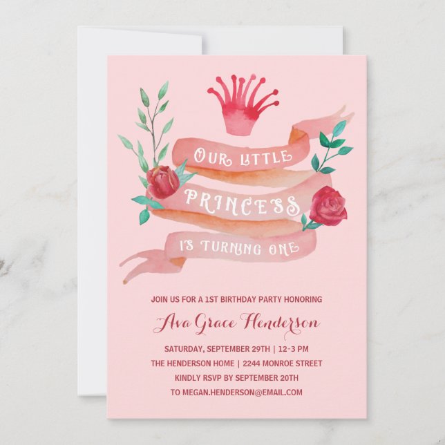 Convite Fada Rosa Tale Princesa primeiro aniversario (Frente)