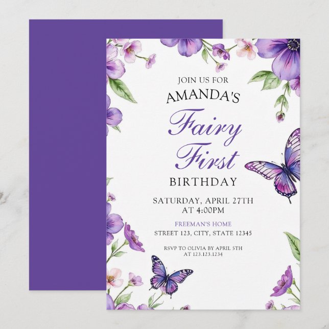 Convite Fada Roxa Borboleta Floral Primeiro Aniversário (Frente/Verso)