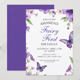 Convite Fada Roxa Borboleta Floral Primeiro Aniversário