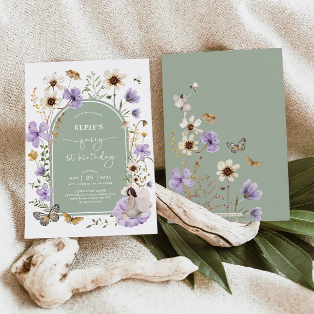 Convite Fada Verde Roxa Primeira Festa de aniversário (Criador carregado)