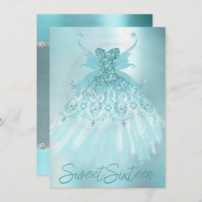 Convite Fada Wing Mint Gown | Luxe Pearl Green Aqua Sheen (Frente/Verso)