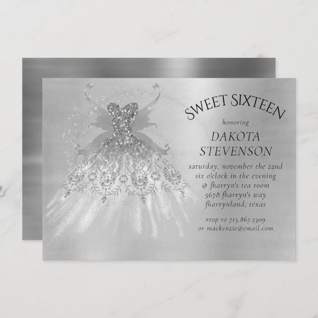 Convite Fada Wing Silver Gown | Platinum Foil Faux Sheen (Frente/Verso)