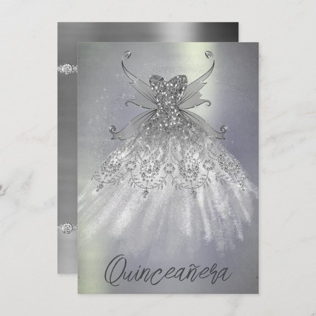 Convite Fada Wing Silver Gown | Platinum Foil Faux Sheen (Frente/Verso)