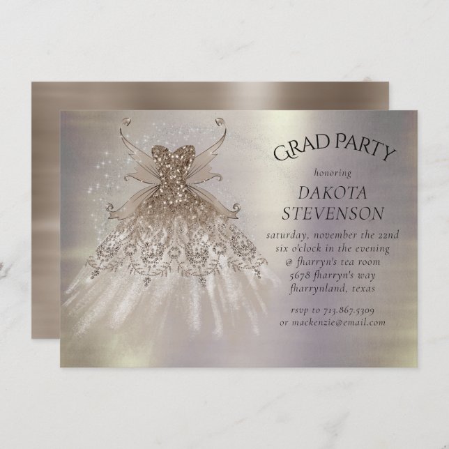 Convite Fada Wing Taupe Gown | Champagne Elegant Sheen (Frente/Verso)