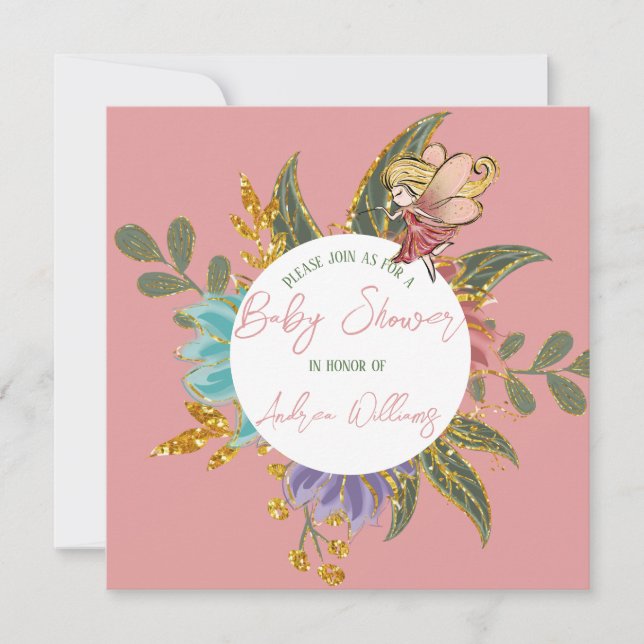 Convite Fada Wonderland Chá de fraldas Mágico de Madeira (Frente)