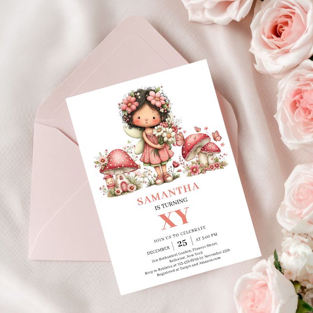 Convite Fadas Encantadas 5º Aniversário Flores Ros (Enchanted Fairy 5th Birthday Blush Flowers Invitation)