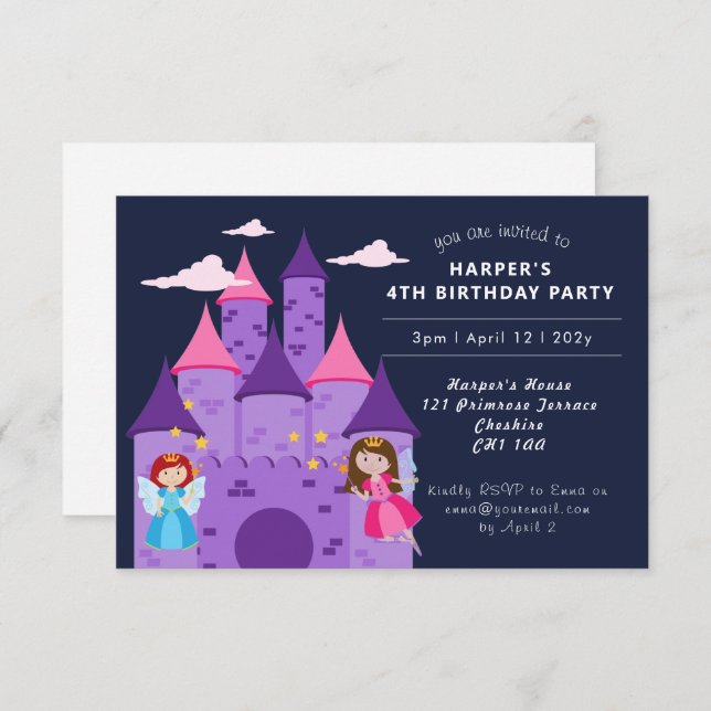 Convite Fadas Mágicas e Garota do Castelo Quarto Aniversár (Frente/Verso)