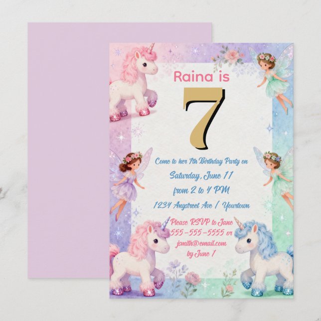 Convite Fadas Princesas e Unicórnios Aniversário de Menina (Frente/Verso)