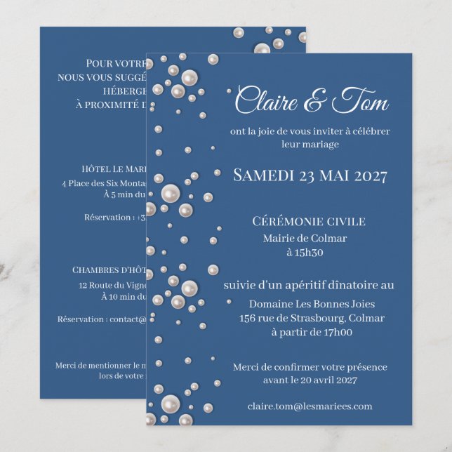 Convite Faire-part de mariage élégant bleu marine  (Frente/Verso)
