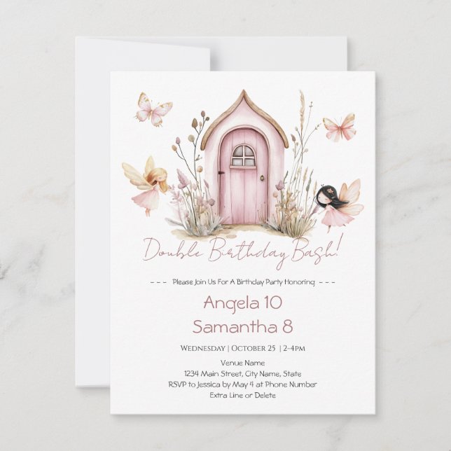 Convite Fairies Rosa Duplos Crianças de Bash de Aniversári (Frente)